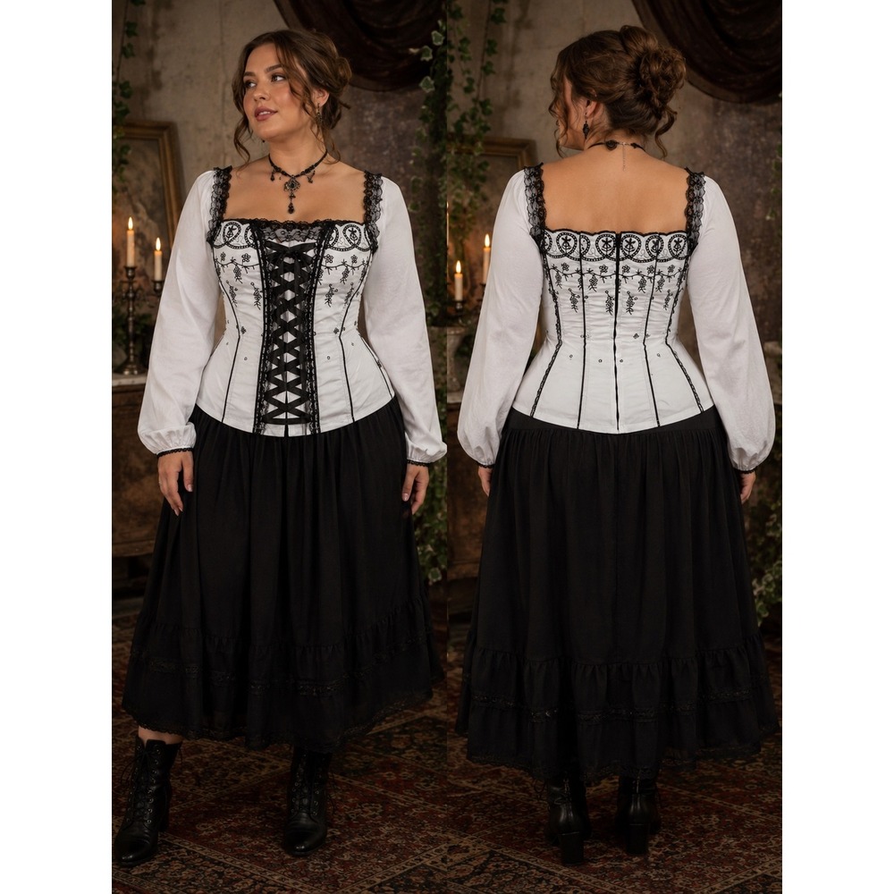 Tripp NYC Embroidered Lace Up Corset Peasant Top Womens Large White Black